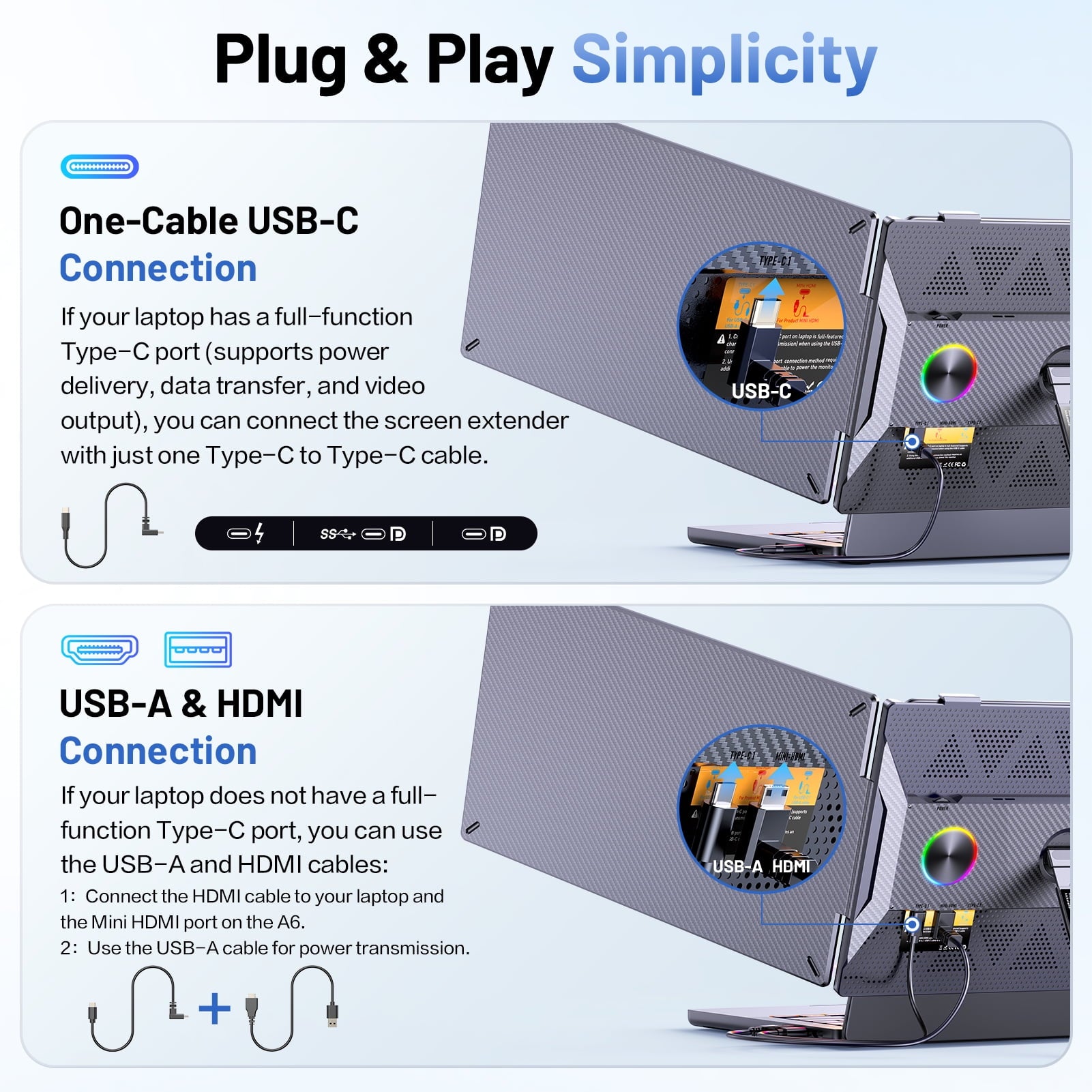 Laptop Screen Extender, 14" FHD 1080P IPS Portable Dual Monitor for Laptop, USB-C/HDMI Compatible, Plug & Play, Lightweight 1.87lb, for 13-17.3” Windows Mac Chromebook