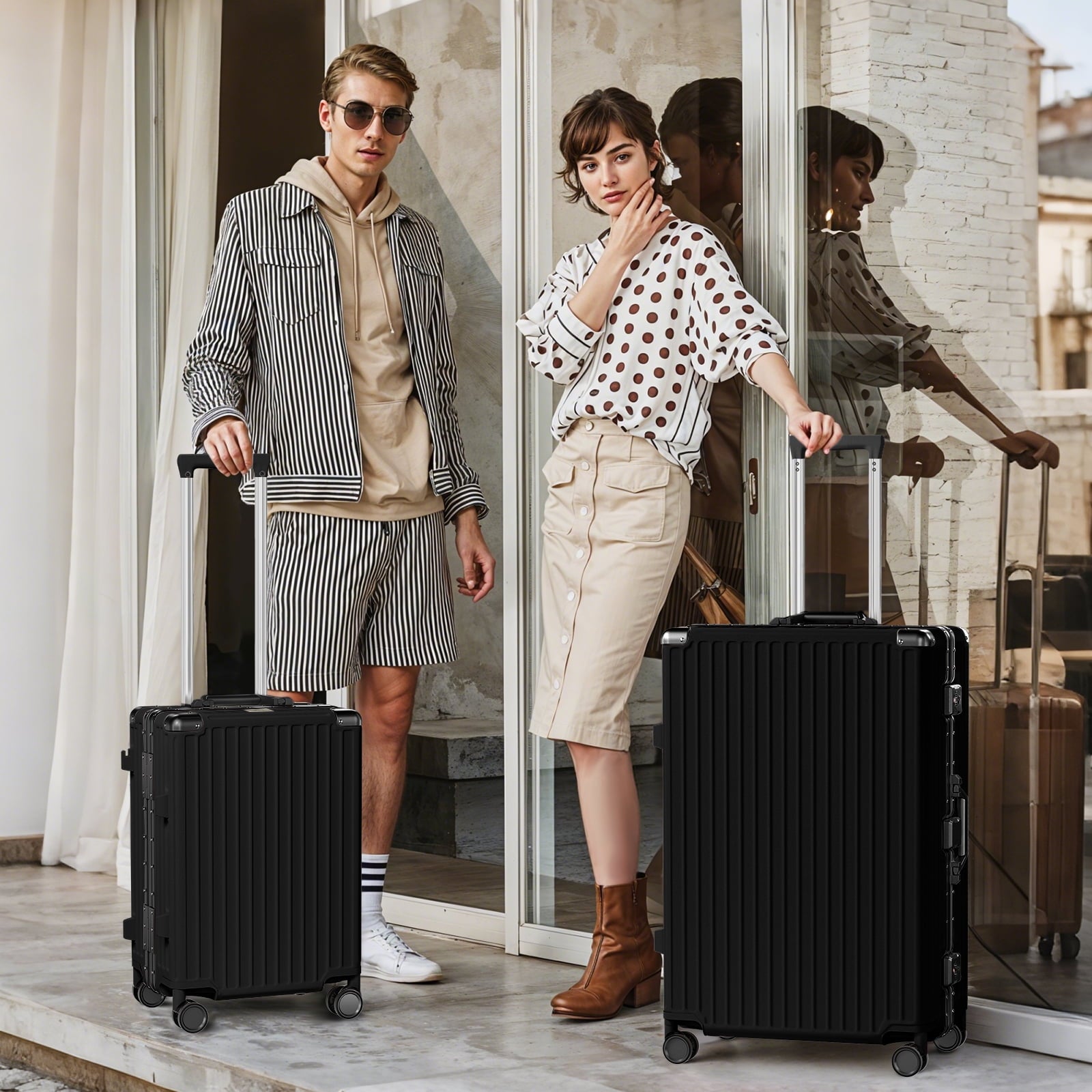 Luggage Sets 2 Piece Hard Shell PC ABS Aluminium Frame Suitcase with Spinner Wheels TSA Lock Zipperless 20 28 inch Black