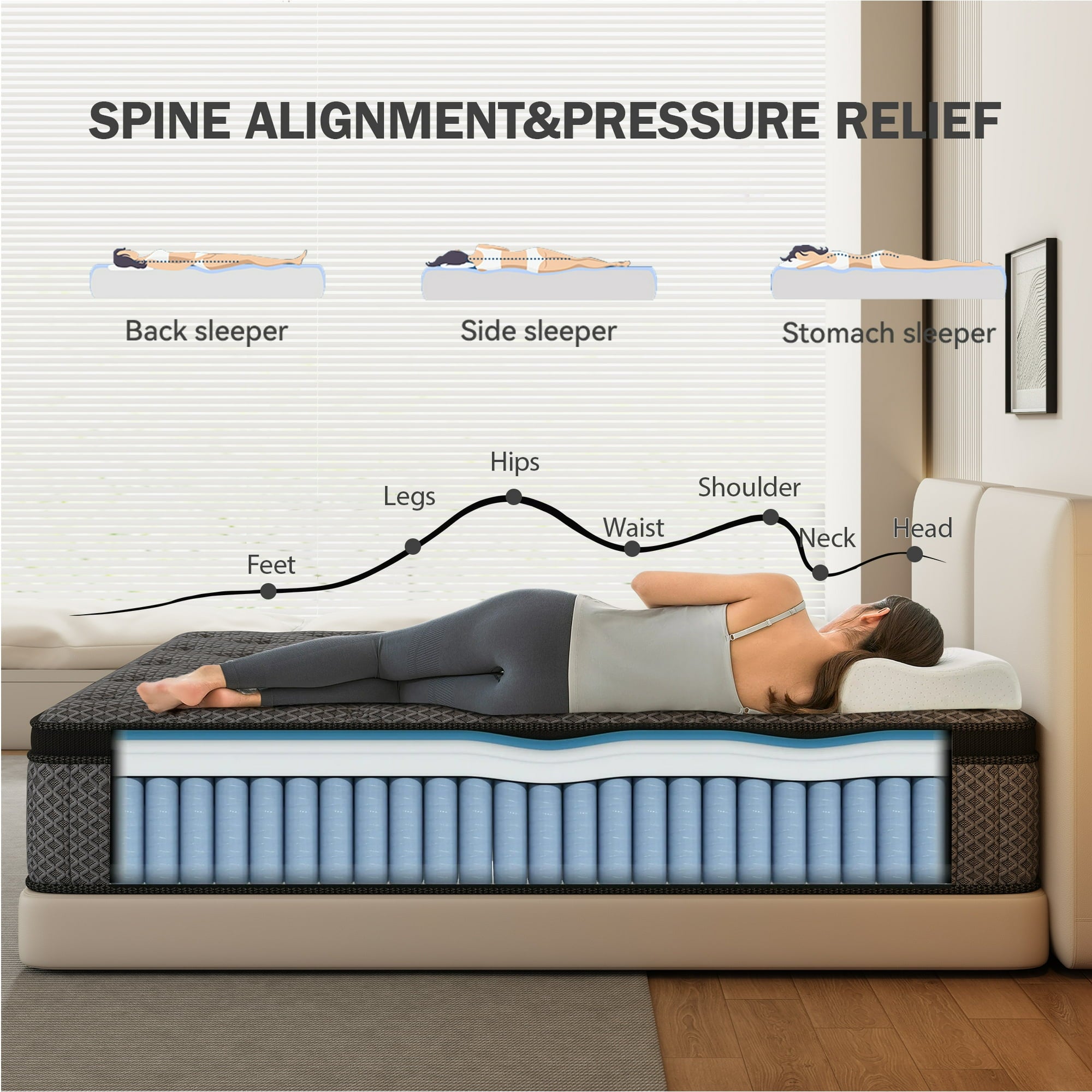 HIKOS 10 inch Queen Mattress in a Box, Cooling Gel Memory Foam Hybrid Mattress with Individually Wrapped Pocket Coils, Medium Firm Queen Size Mattress, Pressure Relief for Adult